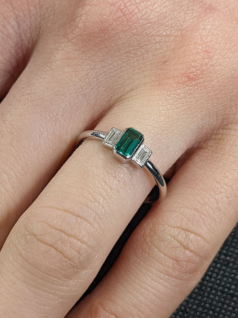 Unique May Birthstone Ring, Ememrald Cut Lab Emerald Engagement Ring, Bezel Set Baguette Diamond Anniversary Ring For Women, Vintage Solitaire Ring