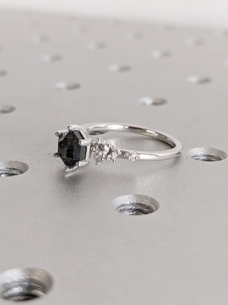 Hexagon cut Salt and Pepper Black Diamond Engagement Cocktail Ring | 14K 18K Solid White Gold, Multi Stone Moissanite Cluster Promise Ring