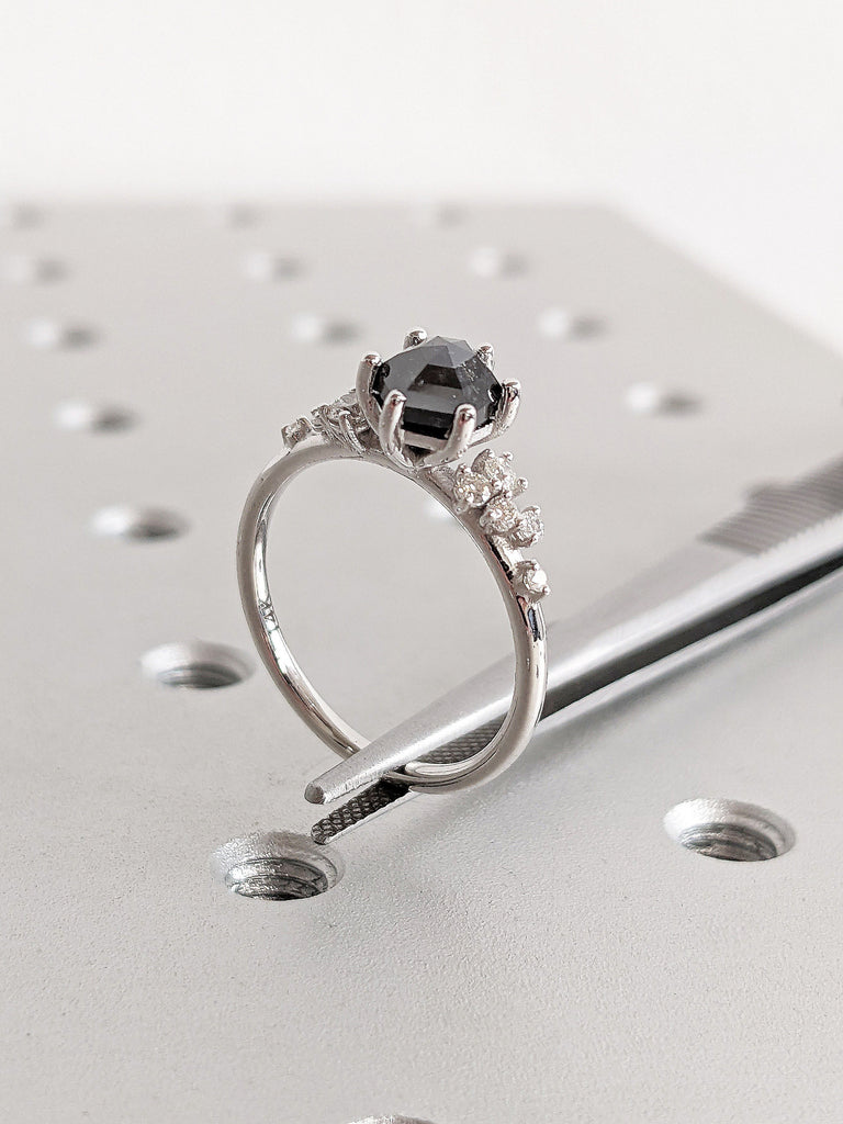 Multi Stone Natural Diamonds or Moissanite Snowdrift Cluster Unique Proposal Ring for Her. 14K 18K Solid White Gold or Platinum Hexagon cut Salt and Pepper Diamond Wedding Band