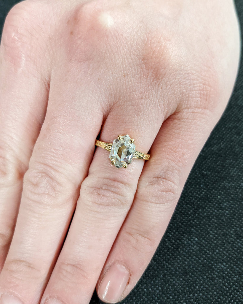 Hexagon cut Moissanite Solitaire Vintage Inspired Engagement Ring | 18K Yellow Gold Filigree Engraving Wedding Band | Unique Gift for Her