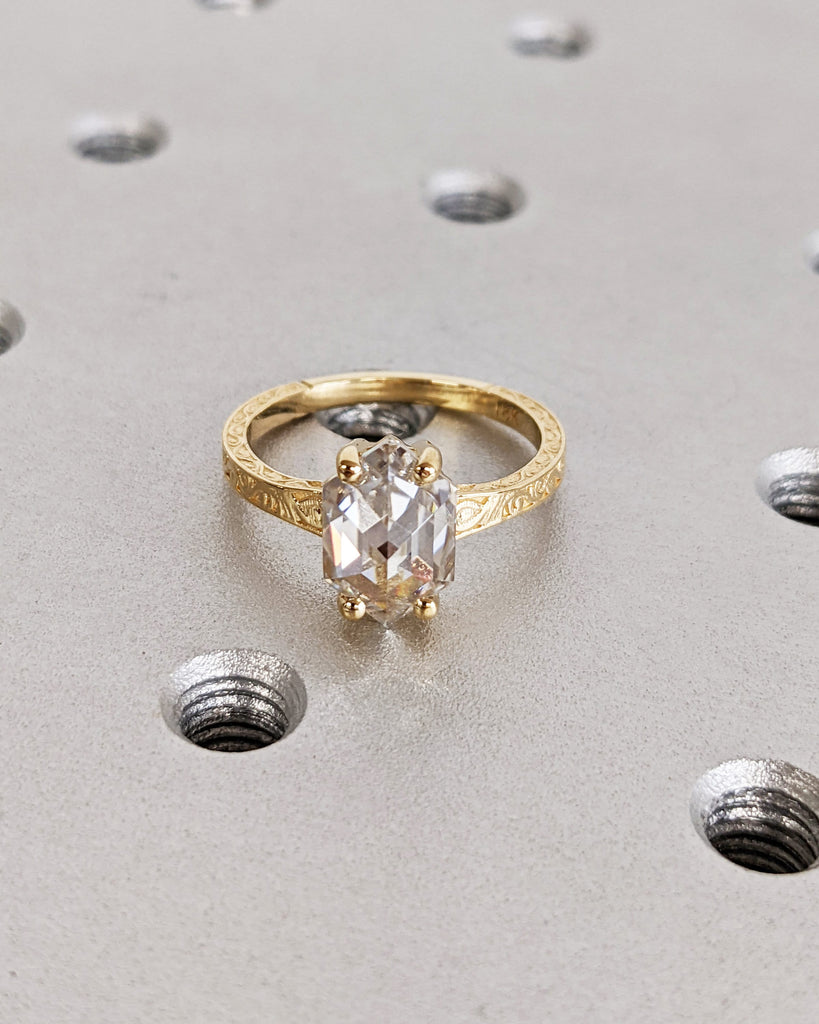 Hexagon cut Moissanite Solitaire Vintage Inspired Engagement Ring | 18K Yellow Gold Filigree Engraving Wedding Band | Unique Gift for Her