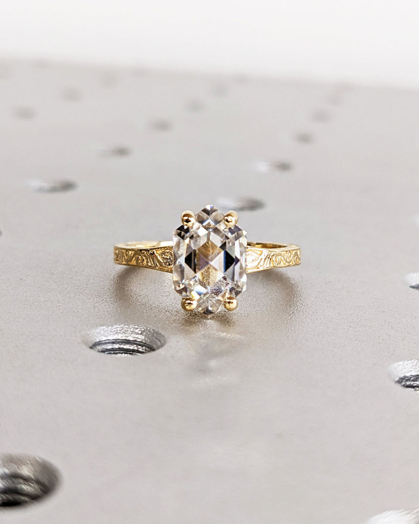 Hexagon cut Moissanite Solitaire Vintage Inspired Engagement Ring | 18K Yellow Gold Filigree Engraving Wedding Band | Unique Gift for Her