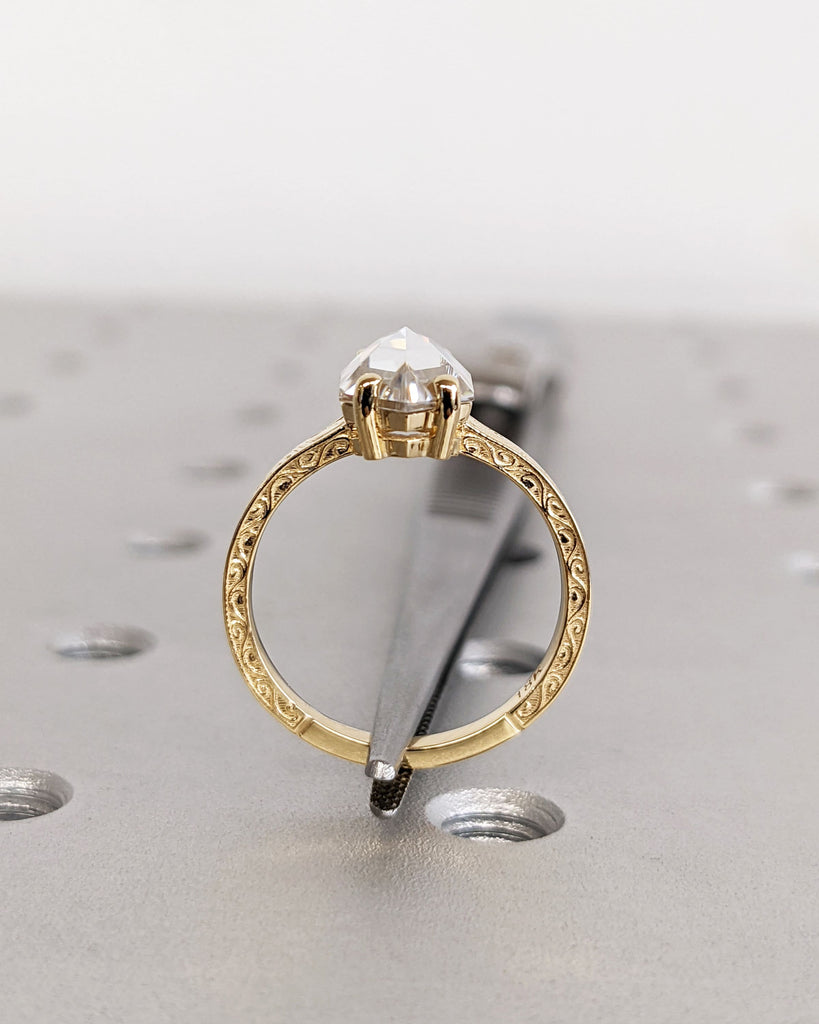 Hexagon cut Moissanite Solitaire Vintage Inspired Engagement Ring | 18K Yellow Gold Filigree Engraving Wedding Band | Unique Gift for Her