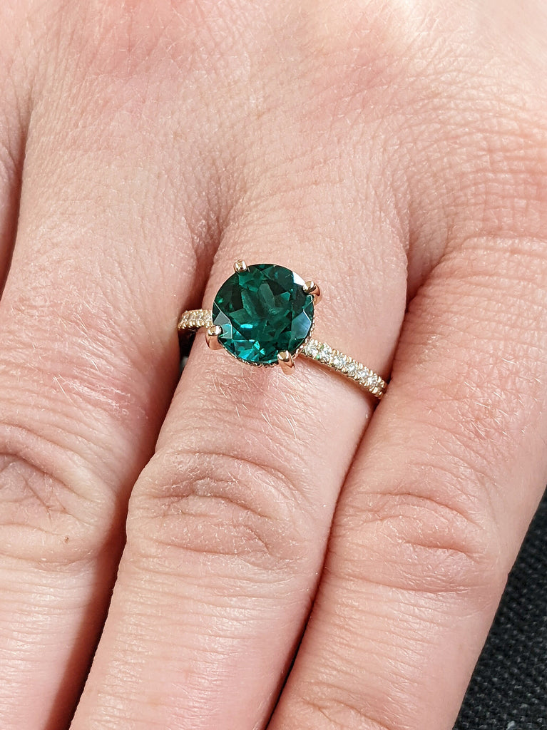 2ct Round cut Lab Grown Emerald Diamond Hidden Halo Women Engagement Cocktail Ring | 14K Rose Gold Unique Promise Ring | May Birthstone Gift for Her