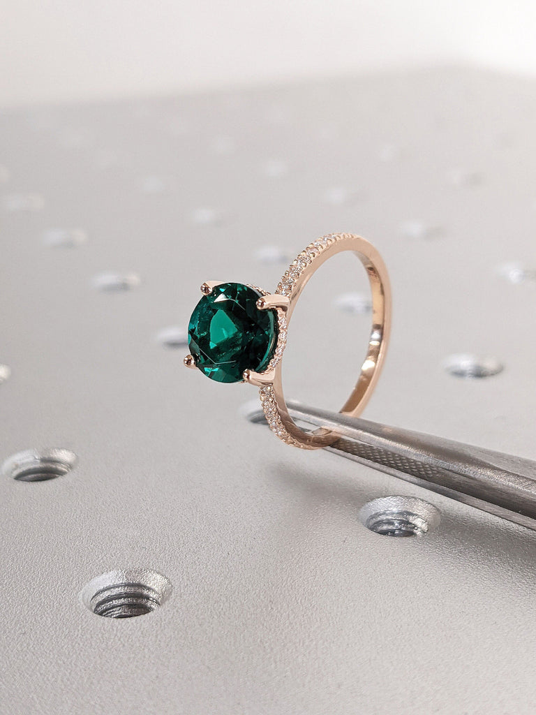 Round cut Lab Created Emerald Hidden Halo Women Engagement Cocktail Ring | Real Solid Rose Gold Diamond Moissanite Half Eternity Ring | May Birthstone