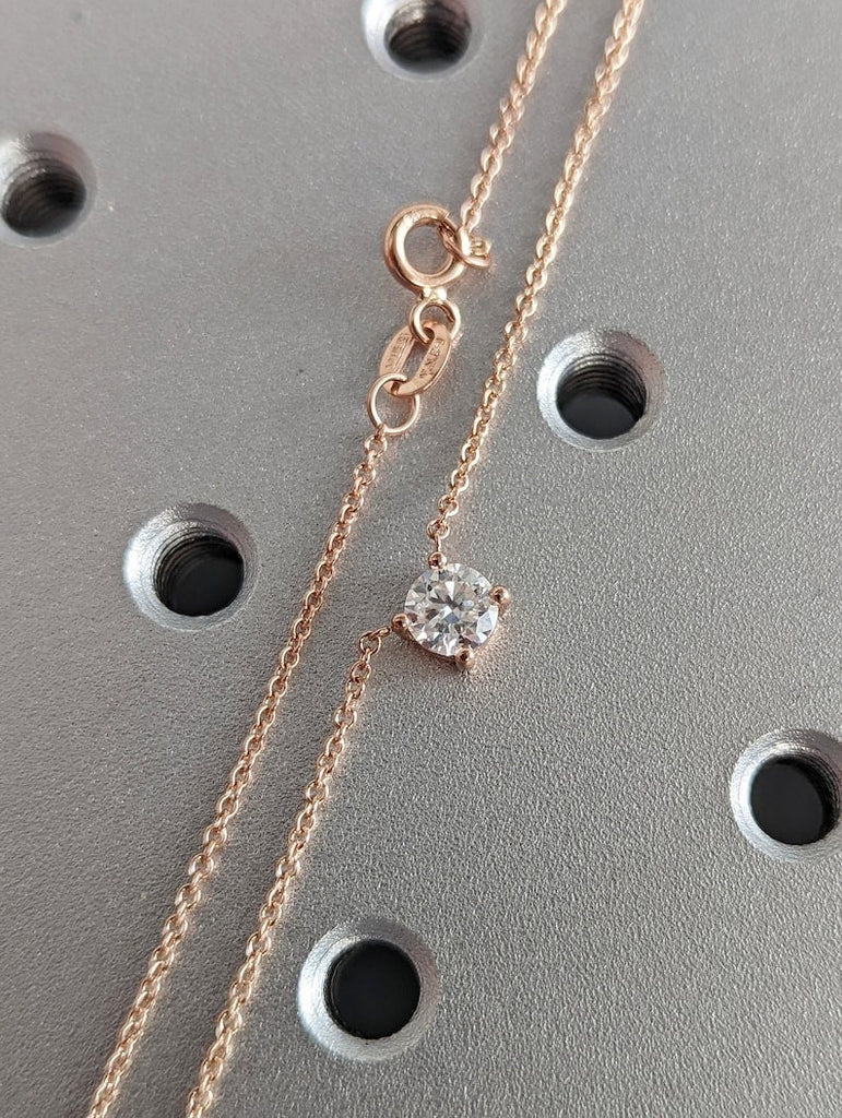 Attached Diamond on Chain, 14K Gold Diamond Necklace, Lab Grown Diamond Solitaire Necklace, Bridesmaid Necklace, Floating Diamond Solitaire