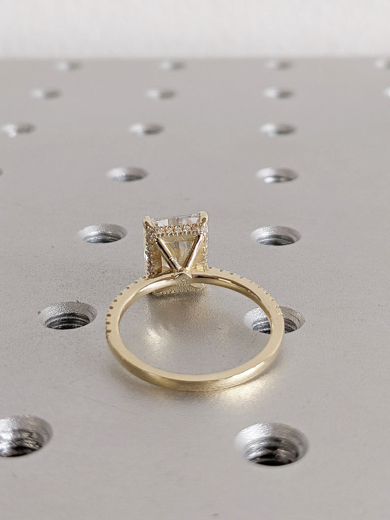 3ct Radiant cut Moissanite Hidden Halo Women Engagement Ring | Real Solid Yellow Gold Half Eternity Wedding Band | Unique Rectangle Jewelry