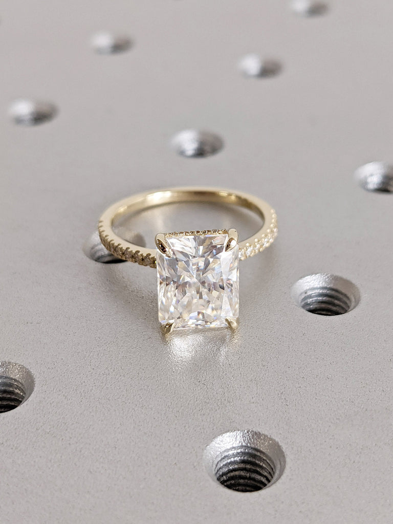 14K Yellow Gold Radiant cut Moissanite Solitaire Unique Proposal Ring for Her | Alternative Diamond Hidden Halo Wedding Anniversary Jewelry