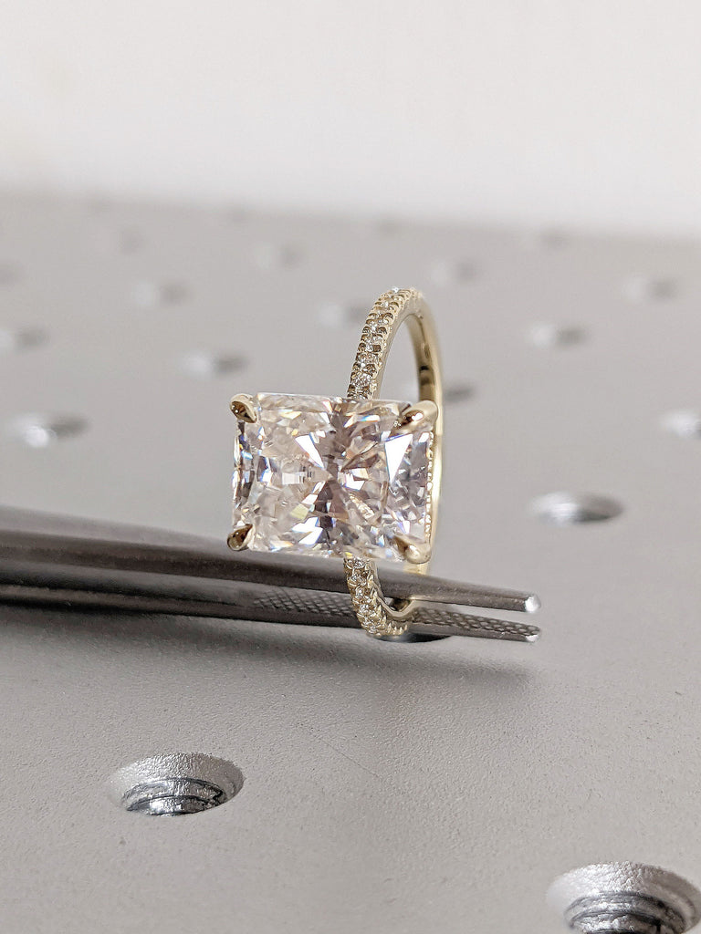 3ct Radiant cut Moissanite Hidden Halo Women Engagement Ring | Real Solid Yellow Gold Half Eternity Wedding Band | Unique Rectangle Jewelry