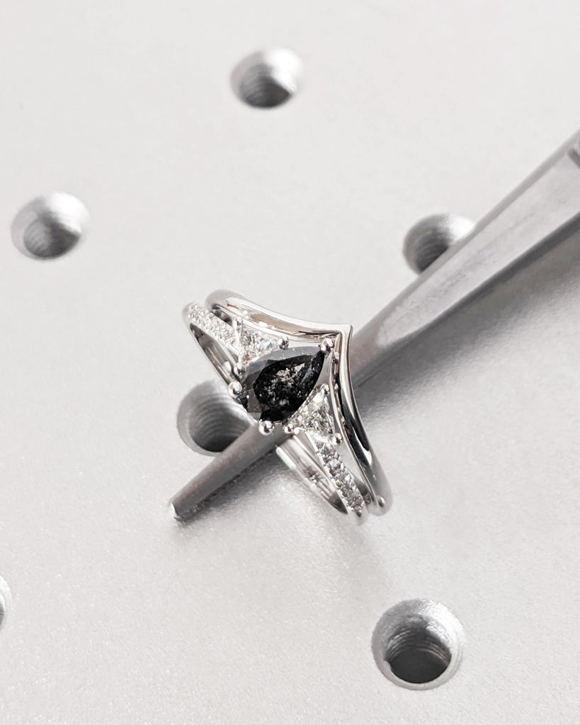1920's Raw Salt and Pepper Diamond Engagement Ring Set | Unique Bridal Set | Black, Galaxy, Grey Pear Cut | 14K/18K Yellow, Rose, White Gold