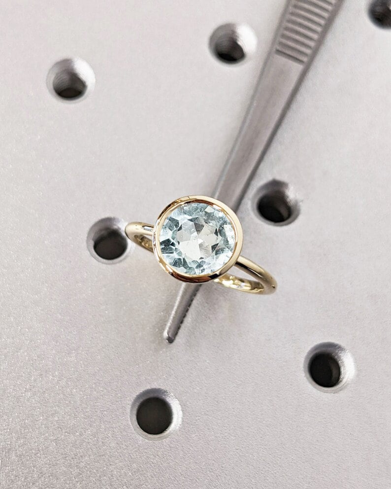 Vintage Aquamarine Wedding Ring Bezel Set Bridal Anniversary Jewelry Solitaire Round Cut Gemstone Ring March Birthstone Simple Gift For Her