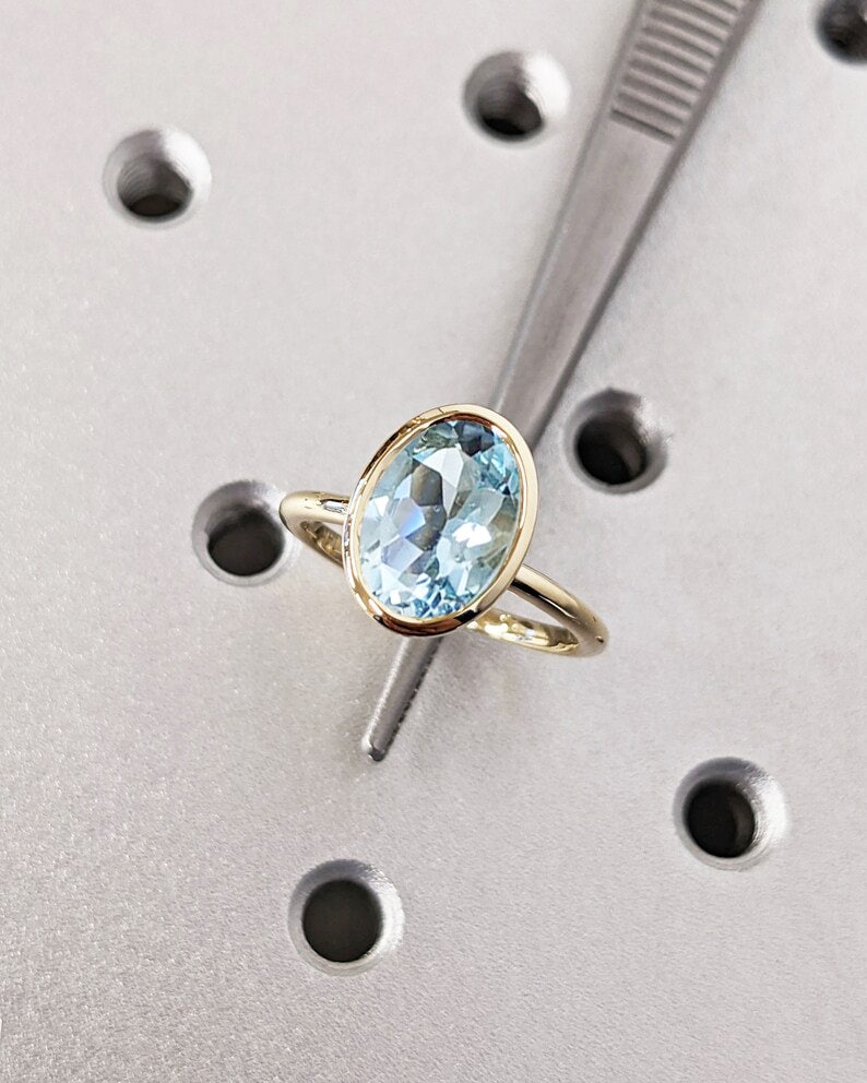 Vintage Aquamarine Wedding Ring Bezel Set Bridal Anniversary Jewelry Solitaire Oval Cut Gemstone Ring March Birthstone Simple Gift For Her