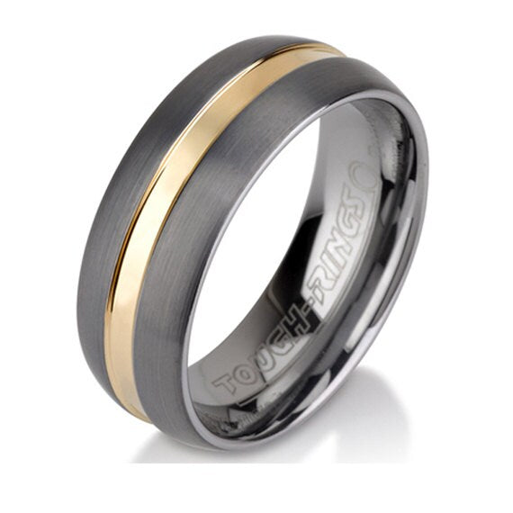 Unique Brushed Tungsten Ring Mens Wedding Band Ring, 8 mm, 14k Gold Plate Inlay tungsten band all Sizes Comfort Fit