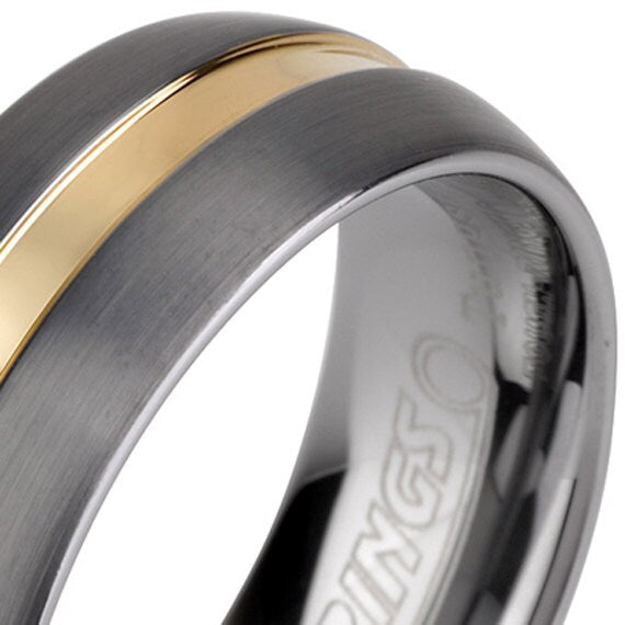 Unique Brushed Tungsten Ring Mens Wedding Band Ring, 8 mm, 14k Gold Plate Inlay tungsten band all Sizes Comfort Fit