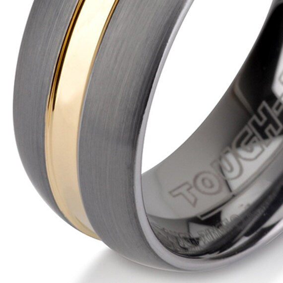 Unique Brushed Tungsten Ring Mens Wedding Band Ring, 8 mm, 14k Gold Plate Inlay tungsten band all Sizes Comfort Fit