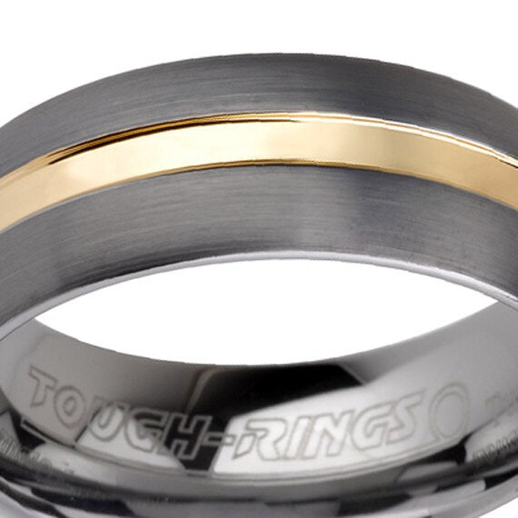 Unique Brushed Tungsten Ring Mens Wedding Band Ring, 8 mm, 14k Gold Plate Inlay tungsten band all Sizes Comfort Fit