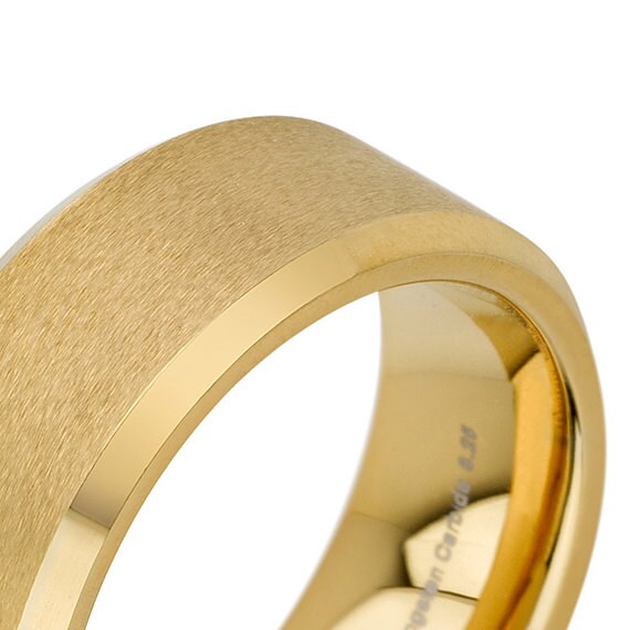 Free Shipping 14k Yellow Gold Mens Tungsten Wedding Band Ring Bands Unique Rings Brushed Beveled Edge Men Beveled Custom Handmade Men's