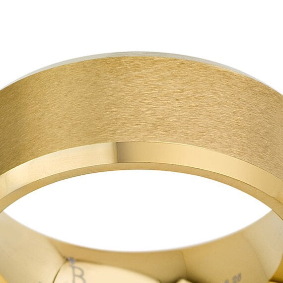 Free Shipping 14k Yellow Gold Mens Tungsten Wedding Band Ring Bands Unique Rings Brushed Beveled Edge Men Beveled Custom Handmade Men's