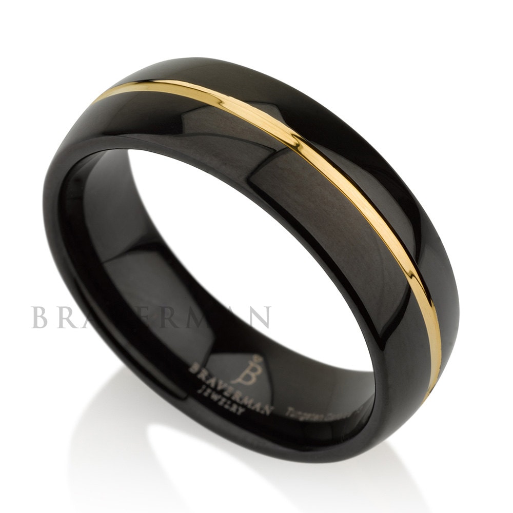 Black Tungsten Ring Yellow Gold Wedding Band Ring Tungsten Carbide 8mm 14K Tungsten Ring Man Wedding Band Male Women Custom Anniversary Size