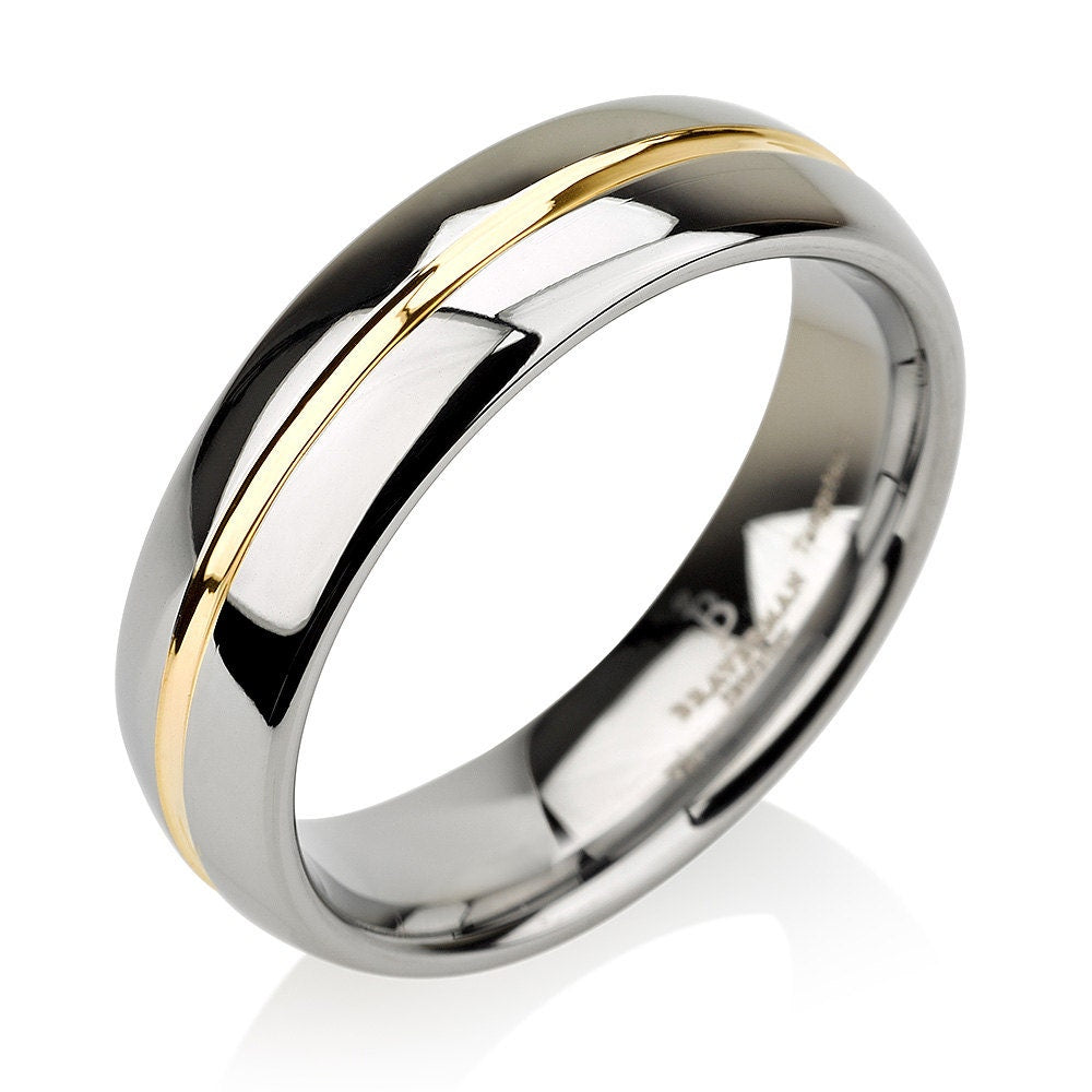 Tungsten Wedding Band,Yellow Gold Inlay,Tungsten Wedding Ring,Tungsten Ring,Mens Tungsten Ring,Dome Shaped 6mm Custom Laser Engraving