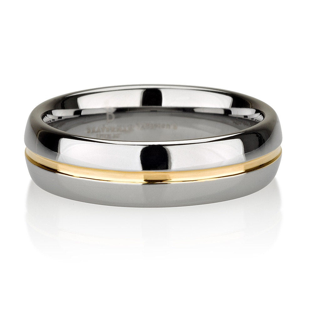 Tungsten Wedding Band,Yellow Gold Inlay,Tungsten Wedding Ring,Tungsten Ring,Mens Tungsten Ring,Dome Shaped 6mm Custom Laser Engraving