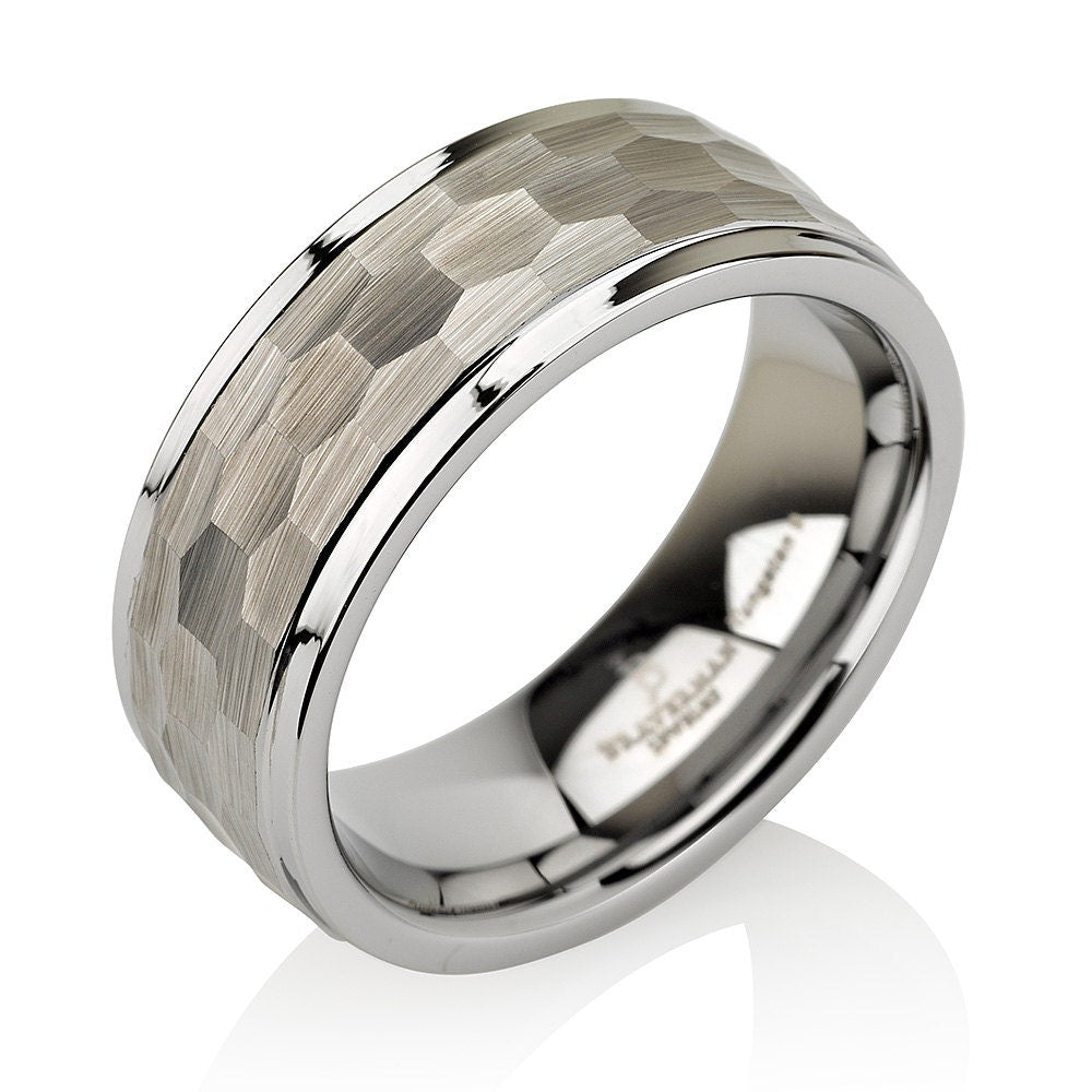 Brushed Hammered Tungsten Wedding Band,Satin Stepped Edges,Hammered Ring,Mens Wedding Ring,8mm FREE Laser Engraving