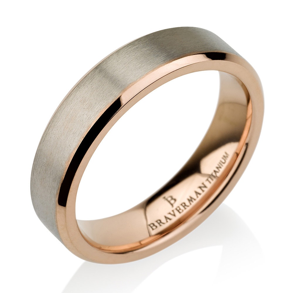 Rose Gold Beveled Pure Titanium Wedding Band, Brushed Rose Gold Titanium Wedding Ring, Rose Gold Plated Titanium Band 5mm