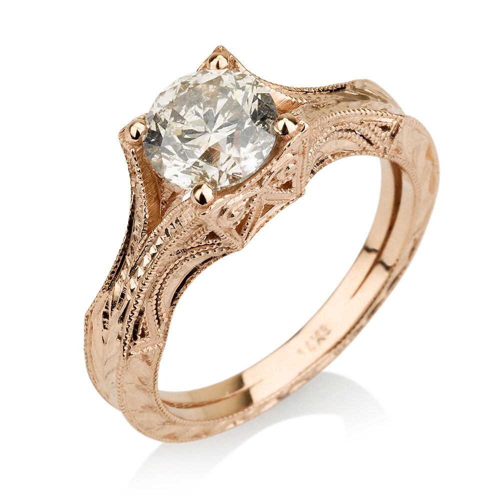 14K Rose Gold Art Deco Antique Engagement Vintage Petite Hand Engraved Filigree Engagement Ring