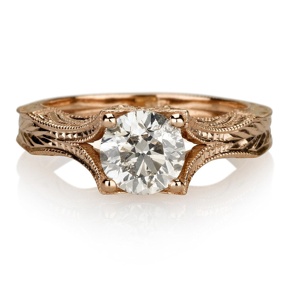 14K Rose Gold Art Deco Antique Engagement Vintage Petite Hand Engraved Filigree Engagement Ring