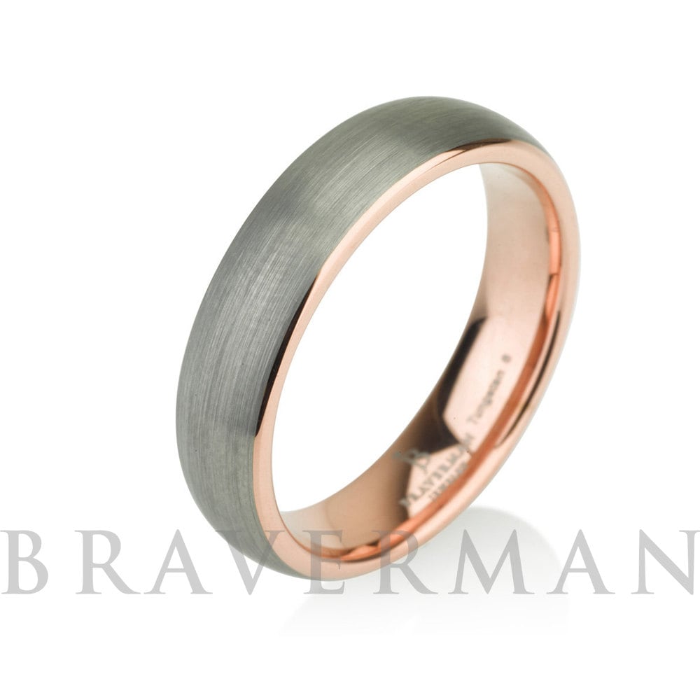 Tungsten Ring Brushed Silver with Rose Gold Comfort fit band, Mens Ring, Mens Wedding Band