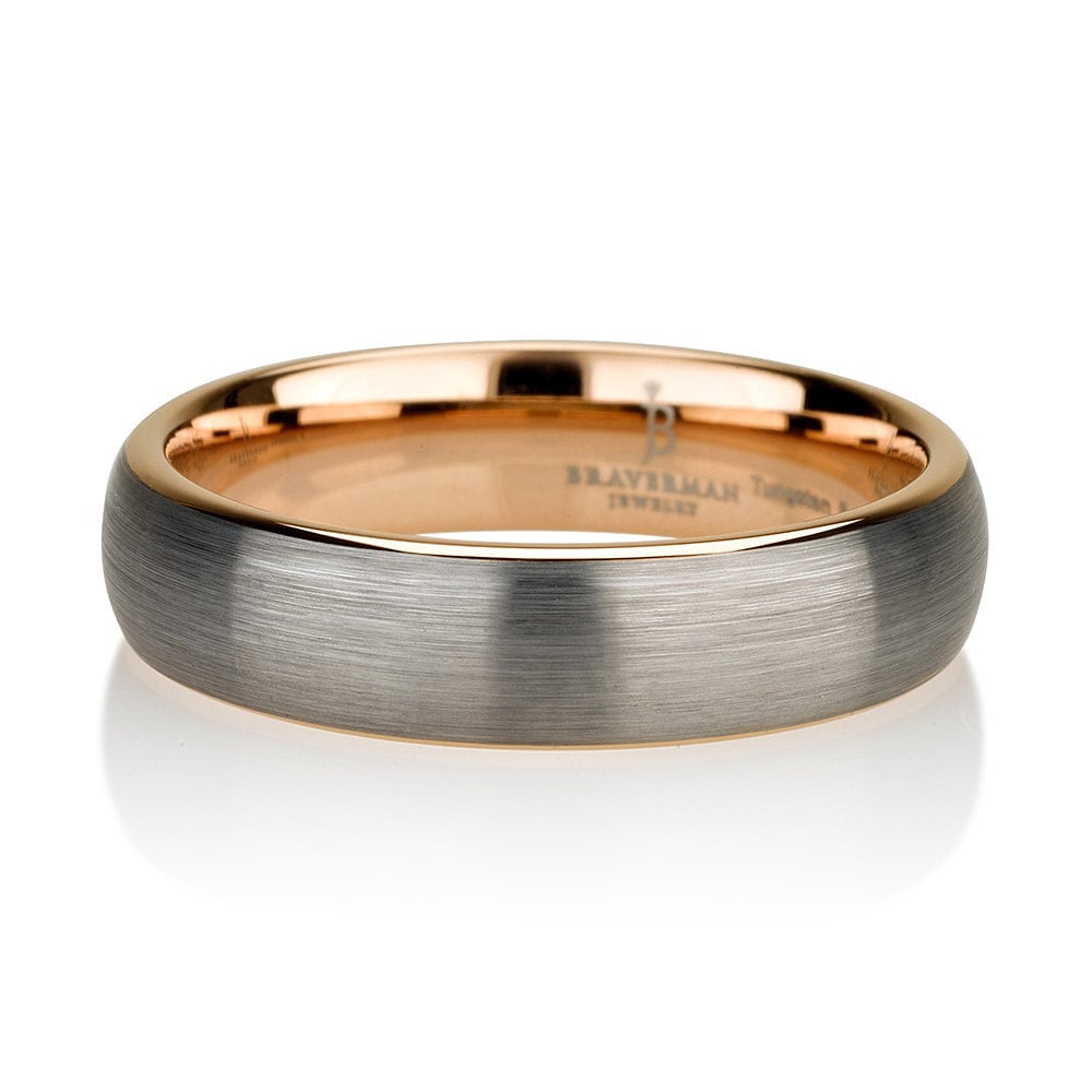 Tungsten Ring Brushed Silver with Rose Gold Comfort fit band, Mens Ring, Mens Wedding Band