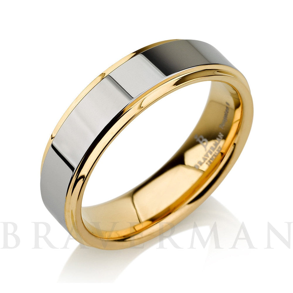 Mens Tungsten Carbide Wedding Band Ring 6mm 18k Yellow Gold Polished Shiny Beveled Edges Comfort Fit Custom Engraved