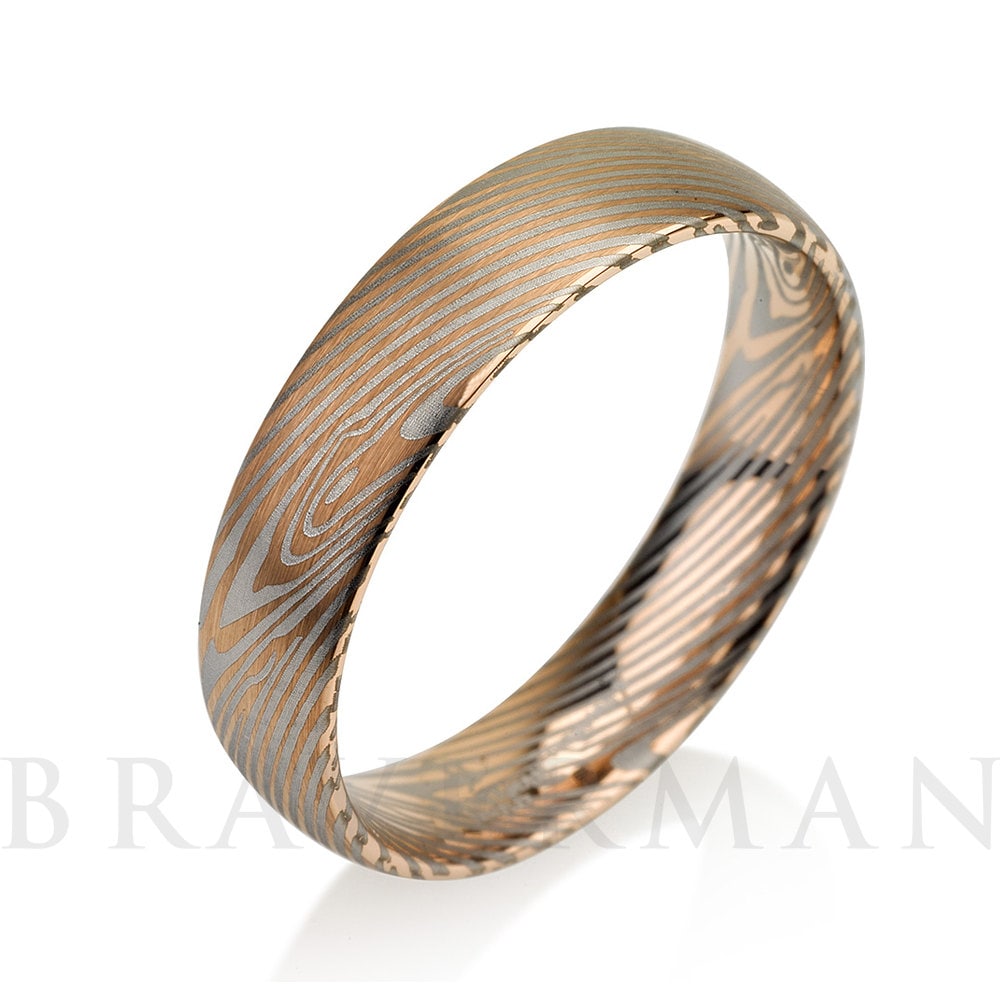Rose Gold Brushed Mokume Gane Tungsten - 8mm Forged Ring- Mokume Band - Damascus Ring- Two Color Mokume- Mokume Wedding Bands - Mokumegane