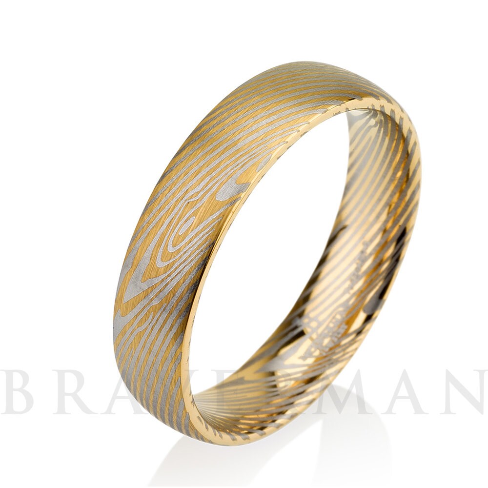 Yellow Gold Brushed Mokume Gane Tungsten - Forged Ring- Mokume Band - Damascus Ring- Two Color Mokume- Mokume Wedding Bands - Mokumegane