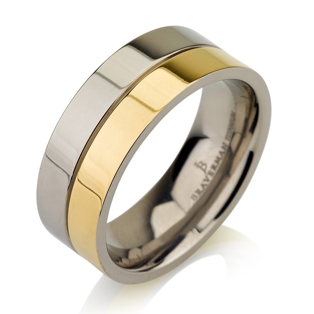 Mens Titanium Wedding Band Ring 7mm 8-12 Sizes 14k Yellow Plated Two Toned Comfort Fit High Polished, High Quality