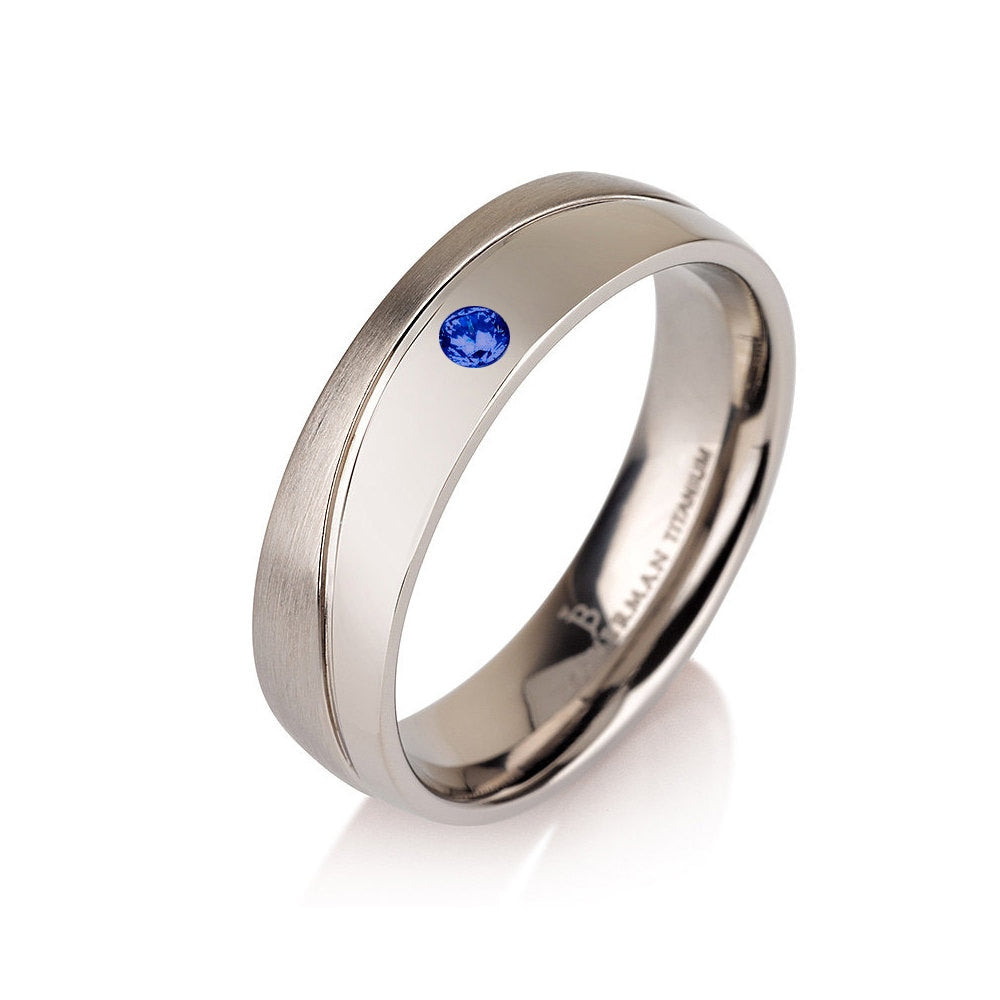 Sapphire Curved Wedding Ring Wedding Band Titanium Half Polished Half Brushed Ring 6mm "The Wave" Blue Sapphire Band