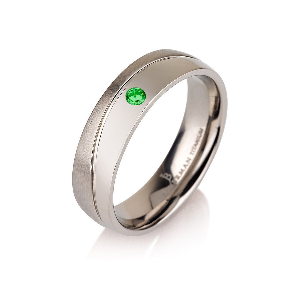 Emerald Curved Wedding Ring Wedding Band Titanium Half Polished Half Brushed Ring 6mm "The Wave" Green Emerald Band