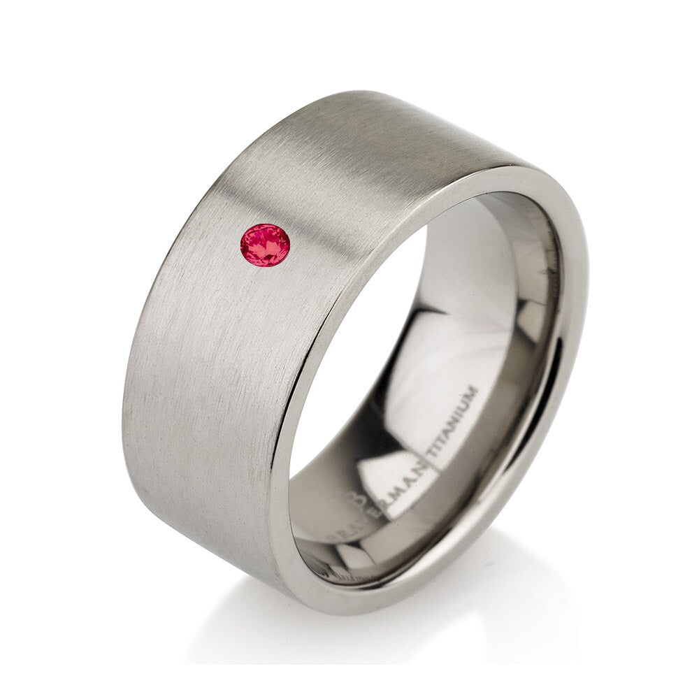 Brushed Titanium Ring, Mens Wedding Band, Wide Band Ring, Unique Wedding Band, Red Ruby Band, Red Ruby Ring, Mens Wedding Ring