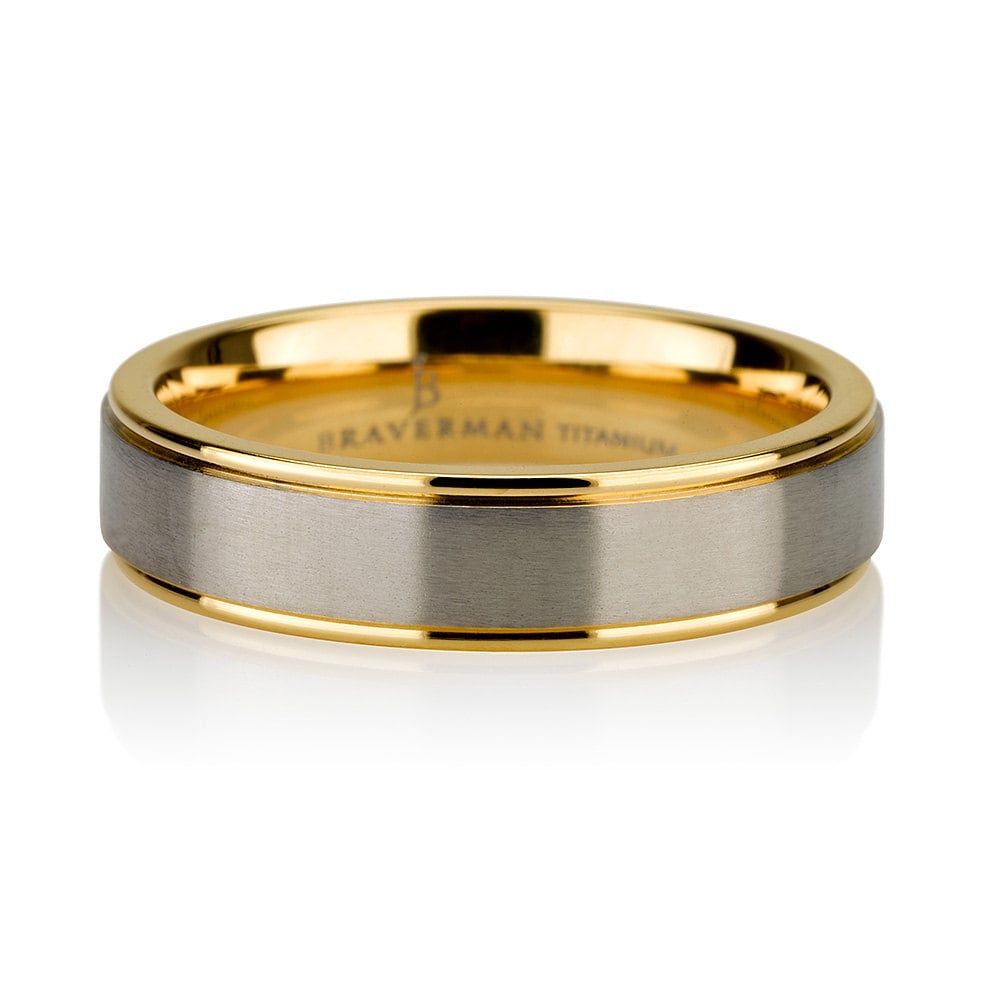 Mens Titanium Wedding Band Ring 5mm 8-12 Sizes 14k Yellow Plated Two Toned Comfort Fit Brushed Satin Custom Engraved