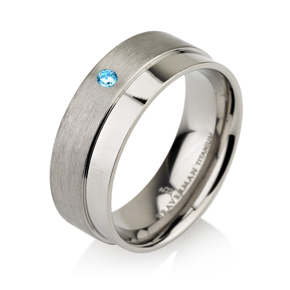 Mens Wedding Bands, Titanium Wedding Band, Aquamarine Band, Aquamarine Ring, Brushed and Polished Titanium