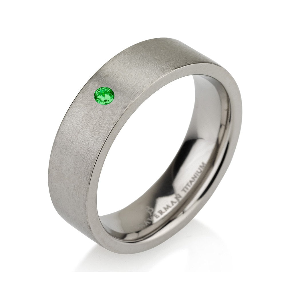 Mens Wedding Band, Brushed Wedding Band, Titanium Band, Green Emerald Band, Green Emerald Ring, Flat Wedding Band