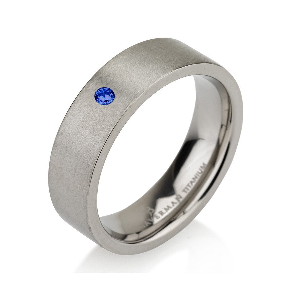 Mens Wedding Band, Brushed Wedding Band, Titanium Band, Blue Sapphire Band, Blue Sapphire Ring, Flat Wedding Band