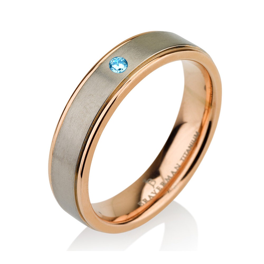 Rose Gold Band, Rose Gold Wedding Band, Titanium Wedding Bands, Mens Wedding Bands, Aquamarine Band, Aquamarine Ring