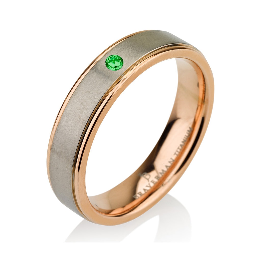 Emerald Wedding Band, Rose Gold Emerald Band, Rose Gold Wedding Band, Titanium Wedding Bands, Mens Wedding Bands