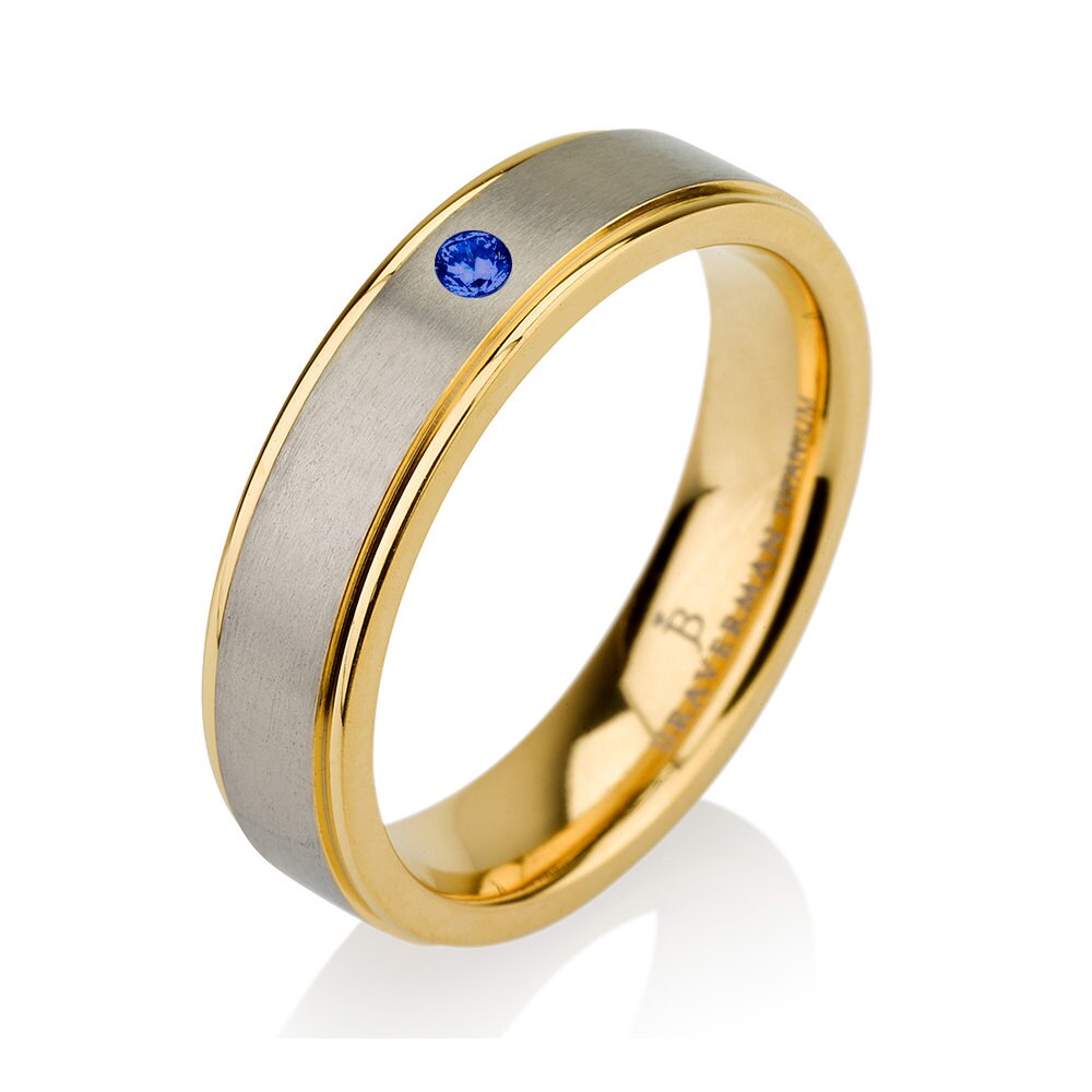 Mens Wedding Bands, 14k Yellow Gold Band, Titanium Band, Blue Sapphire Band, Blue Sapphire Ring, Satin Brushed Stepped Edges