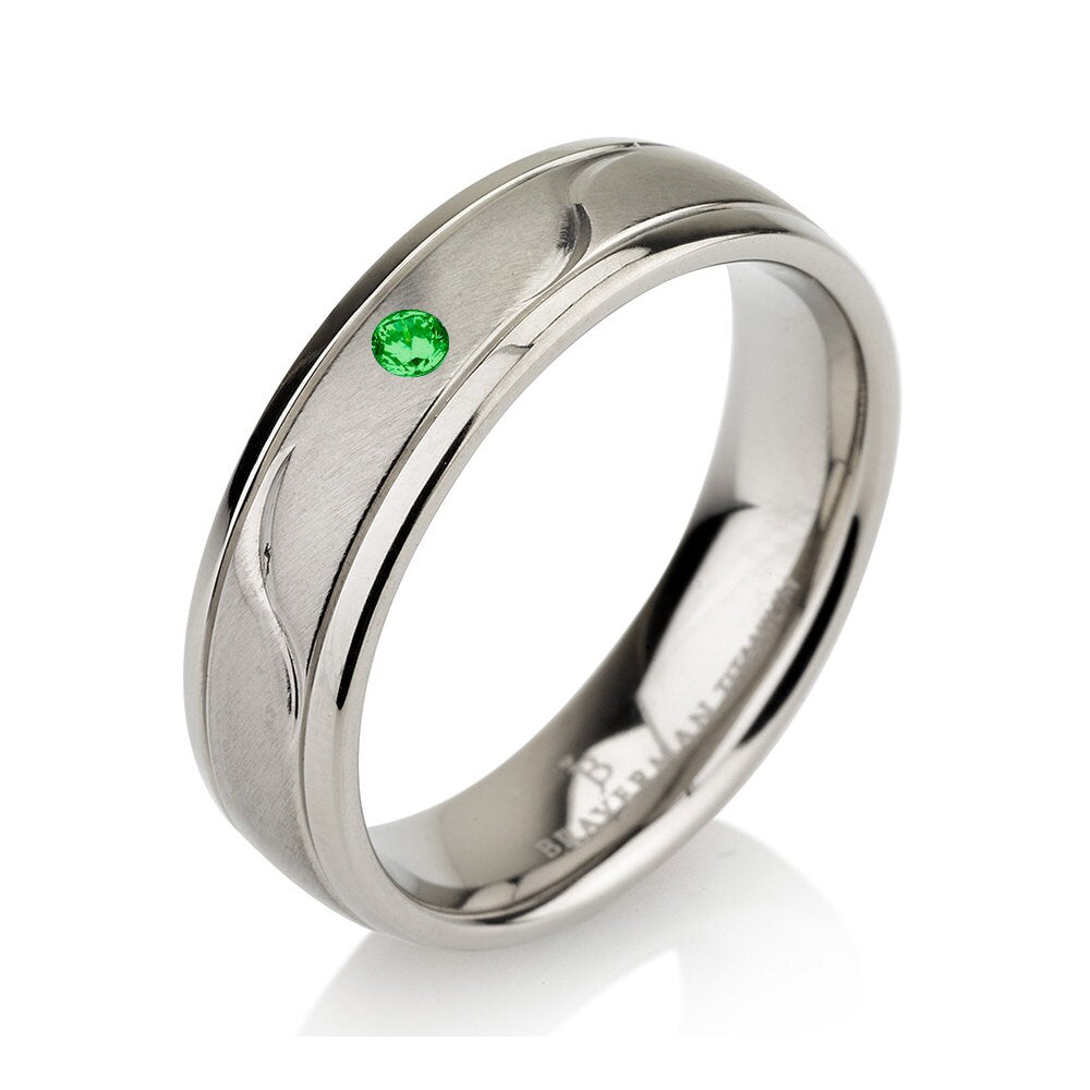 Green Emerald Ring Brushed Titanium Band, Titanium Wedding Ring, Titanium Wedding Band, Leaf Ring, Mens Wedding Ring, 6mm Comfort Fit