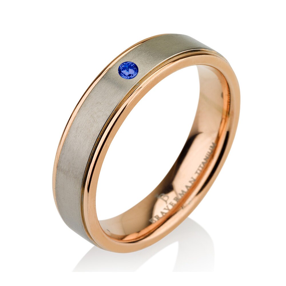 Rose Gold Band, Rose Gold Wedding Band, Titanium Wedding Bands, Mens Wedding Bands, Blue Sapphire Band, Blue Sapphire Ring