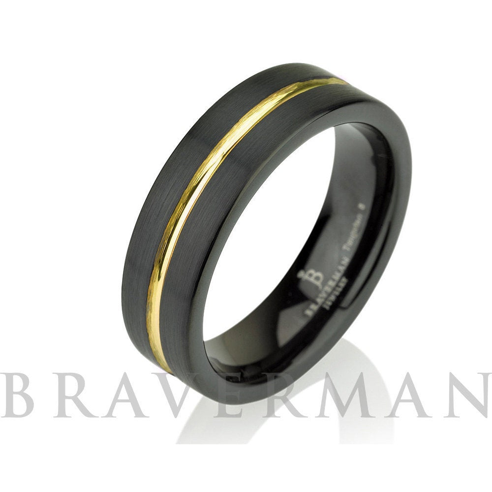 Black Tungsten Ring Yellow Gold Wedding Band Ring Tungsten 6mm 14K Tungsten Ring Man Band Male Women Yellow Gold Ring